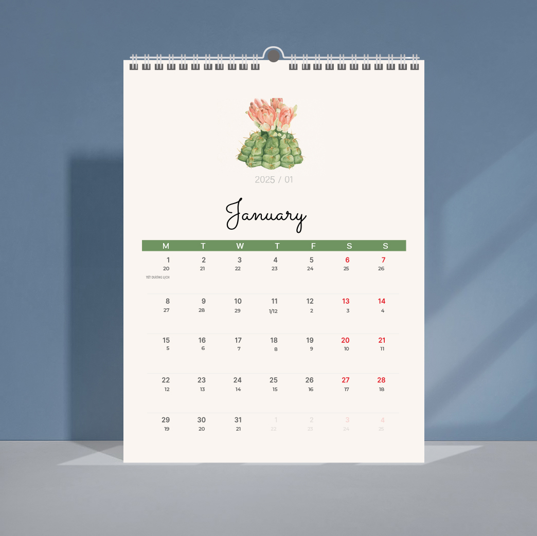 Lịch hình vẽ xương rồng dễ thương - 7 tờ in 2 mặt