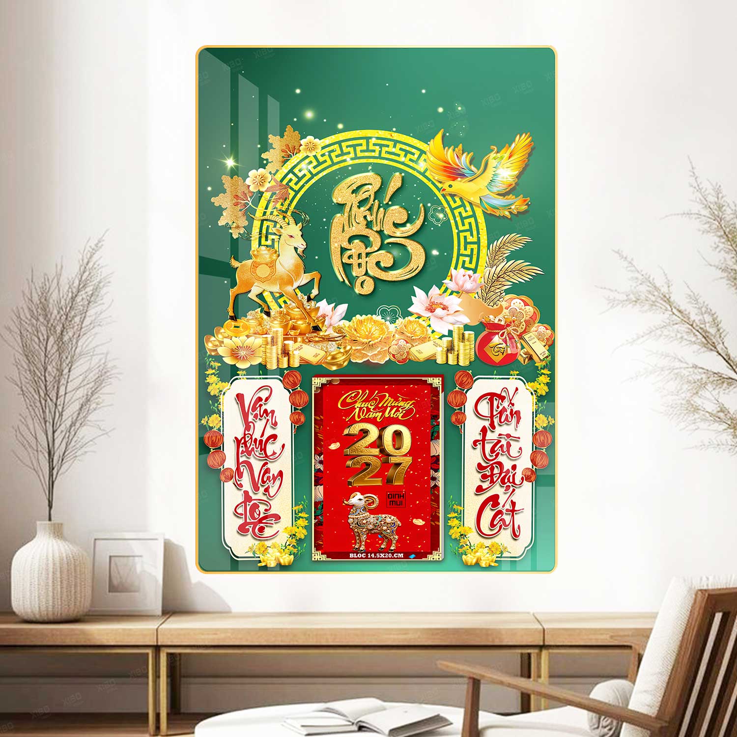 CHỮ THƯ PHÁP _PHÚC, LỘC, TÀI, HƯNG THỊNH...,_LỊCH GỖ TRÁNG GƯƠNG 1 KHÁNH TREO