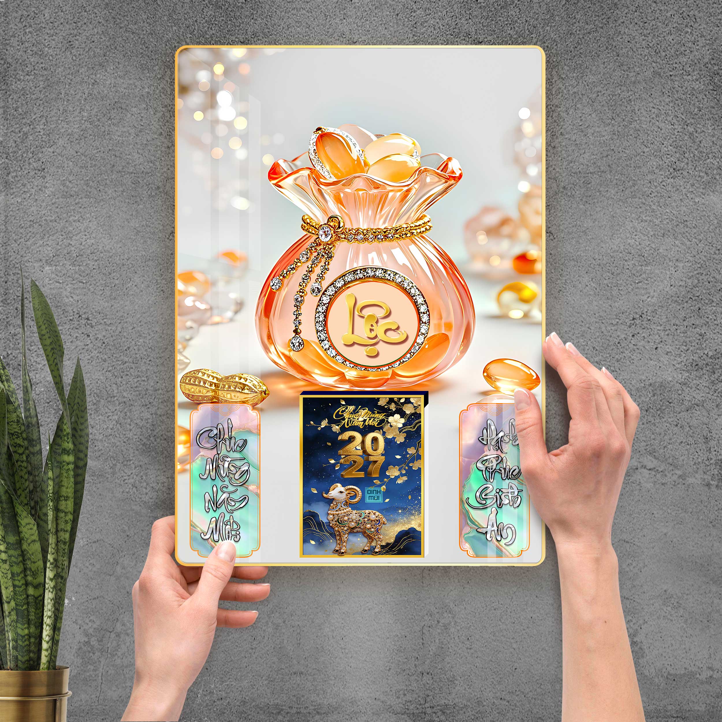 MẪU LỊCH TÚI LỘC & CHỮ THƯ PHÁP MANG NHIỀU Ý NGHĨA_LỊCH GỖ TRÁNG GƯƠNG 1 KHÁNH